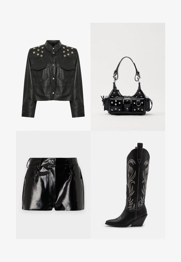 Černá kožená zkrácená bunda se stříbrnými hroty na ramenech, dvěma předními kapsami a klasickým límečkem. Hladký povrch.; Černé lesklé kraťasy vyrobené z umělého materiálu. Obsahují přiléhavý pas, poutka na opasek a přední kapsy s výraznými švy.; Černé kožené kovbojské boty s špičatými špičkami, podpatky ve tvaru klínu a stříbrně vyšívanými květinovými vzory po celé délce. Kontrastní prošívání po celém obvodu.; Černá kožená kabelka s křivkovým designem, zdobená stříbrnými hřebíky, s přezkou a dvěma bočními kapsami. Nastavitelný popruh pro různé možnosti nošení.