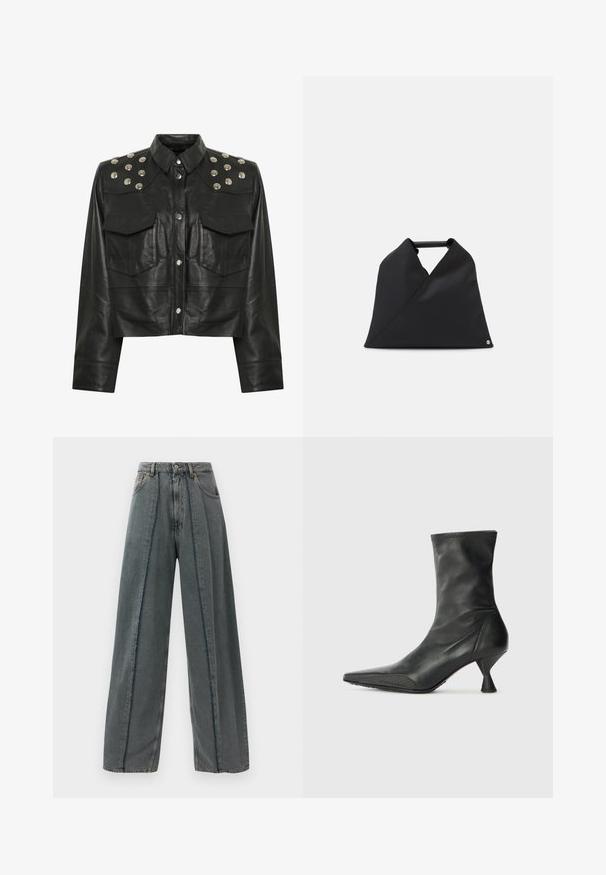 Melnas ādas saīsināta jaka ar sudraba tapām uz pleciem, divām priekšējām kabatām un klasisku apkakli. Gluda tekstūra.; Plati kāju tumši pelēki džinsi ar augstu jostasvietu, ar saplēstām dūriņu detaļām, kas vertikāli iet gar priekšpusi, un klasisku piecu kabatu dizainu.; Melnas ādas potīšu zābaki ar šauru pirkstu, teksturētu pirksta aizsargu un šauru, konusveida papēdi. Gluda virsma ar smalkiem dūriena elementiem.; Melnas ādas soma ar asimetrisku dizainu un teksturētu virsmu. Tai ir vienkārša rokturis un izsmalcināts logo akcentējums.