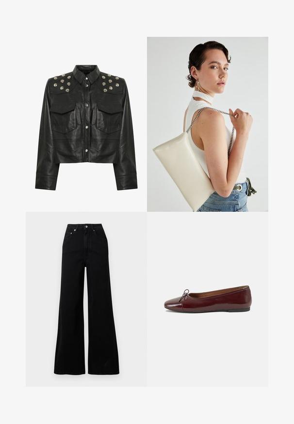 Czarna skórzana krótka kurtka z srebrnymi ćwiekami na ramionach, dwoma przednimi kieszeniami i klasycznym kołnierzem. Gładkie wykończenie tekstury.; Czarne jeansy o szerokich nogawkach wykonane z denimu, z wysokim stanem, pięcioma kieszeniami, przednim zapięciem na guziki oraz minimalistycznymi detalami szwów.; Bordowe baleriny z lakierowanej skóry z zaokrąglonym noskiem, małą kokardką z przodu oraz niską, czarną gumową podeszwą. Gładka tekstura.; Biała prostokątna kopertówka wykonana z błyszczącego materiału, z srebrnym łańcuszkiem. Modelka pozuje, prezentując torebkę na jednolitym tle.