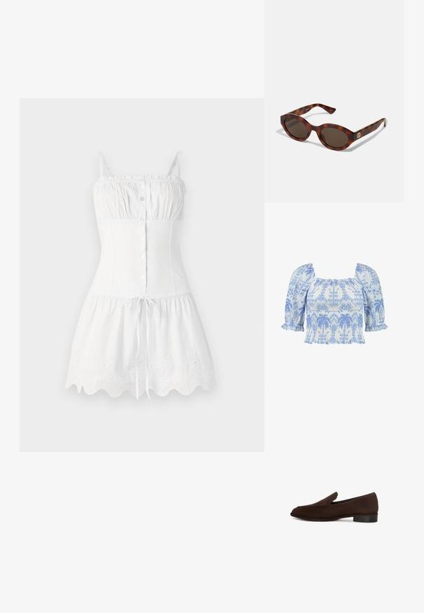 Svijetloplavi i bijeli vezeni top s kvadratnim dekolteom, kratkim napuhanim rukavima i naboranom teksturom koja sadrži cvjetne uzorke.; Bijela pamučna haljina s tankim naramenicama, kopčanjem sprijeda, uskom tijelom i podrškom suknjom. Ima izvezenu onduliranu obrub i struk s vezicom.; Smešani smeđi cipele bez pertli s glatkom teksturom, izduženim oblikom, niskim blok petom i minimalističkim dizajnom. Nema vidljivih uzoraka ili ukrasa.; Tortna dioptrijske naočale s okruglim okvirom, tamnim sočivima i zlatnim logotipom na krakovima. Glatki plastični materijal, bez vidljivih uzoraka.