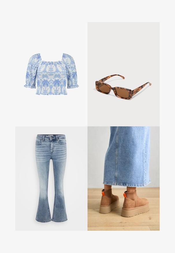 Lyseblå og hvid broderet top med firkantet halsudskæring, korte puffærmer og rynket tekstur med blomster mønstre overalt.; Even&Odd Petite 3 PACK - Langærmet T-shirt - black/white/light green; Lyseblå flagrende jeans lavet af denim, med et klassisk fem-lomme design, foran lynlås lukning og subtil falmning langs lårene.; Brune ruskinds platform støvler med elastiske sidepaneler og orange trækstropper, parret med en knælang lys denimnederdel på et trægulv.; Skildpaddemønster solbriller med rektangulære brune linser, en tyk ramme og slanke arme med et mønster af varierende nuancer af brune.