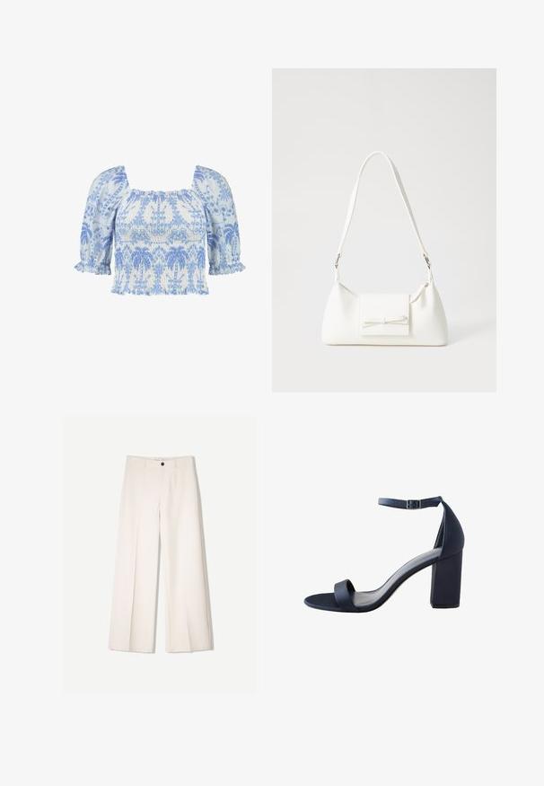 Világoskék és fehér hímzett felső négyzet alakú nyakkivágással, rövid puffos ujjakkal és ráncolt textúrával, amelyet virágminták díszítenek.; Tejbézs széles lábú nadrág, szabott kialakítással, két elülső zsebbel és egyetlen elülső gombos záródással, sima anyagból készült.; Sötétkék magassarkú szandál sima textúrával, széles pánttal a lábujjaknál, bokapánttal, és blokksarkal a stabilitás érdekében.; Fehér szintetikus kézitáska, háromszög alakú, lapos előlap, masni részlettel, állítható pánttal, sima textúrával és minimalista dizájnnal.