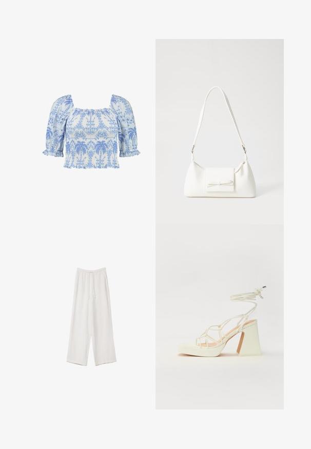 Vaaleansininen ja valkoinen broderie-toppi, jossa on neliön muotoinen kaula-aukko, lyhyet puffihihat sekä rypytetty tekstuuri, jossa on kukkakuviota.; Valkoiset leveälahkeiset housut kevyestä kankaasta. Ominaisuuksiin kuuluu elastinen vyötärö, jossa on nauhakuuluma ja sivutaskut. Sileä rakenne.; Valkoinen korkokenkä, jossa on paksu korko, ja joka sisältää nauhakiinnityksen ja nilkkaketjun. Sujuva pinta, jossa on platform-etupohja lisäkorkeutta varten.; Valkoinen synteettinen käsilaukku, jossa on kolmikulmainen muoto, tasainen etu läppä ja nauhadetail, säädettävä olkahihna, sileä rakenne ja minimalinen muotoilu.