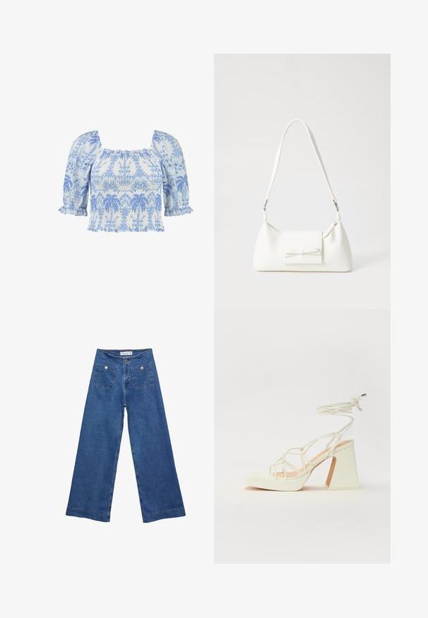 Top ricamato blu chiaro e bianco con scollo quadrato, maniche a sbuffo corte e texture arricciata caratterizzata da motivi floreali.; Jeans in denim a gamba larga con un lavaggio blu medio, due tasche frontali con chiusura a bottone e dettagli cuciti lungo gli orli.; Sandalo bianco con tacco alto, caratterizzato da un design a cinturini e un legaccio alla caviglia. Texture liscia con una piattaforma frontale per un'altezza aggiuntiva.; Borsa sintetica bianca a forma triangolare, con patta anteriore piatta e dettaglio a fiocco, tracolla regolabile, texture liscia e design minimalista.