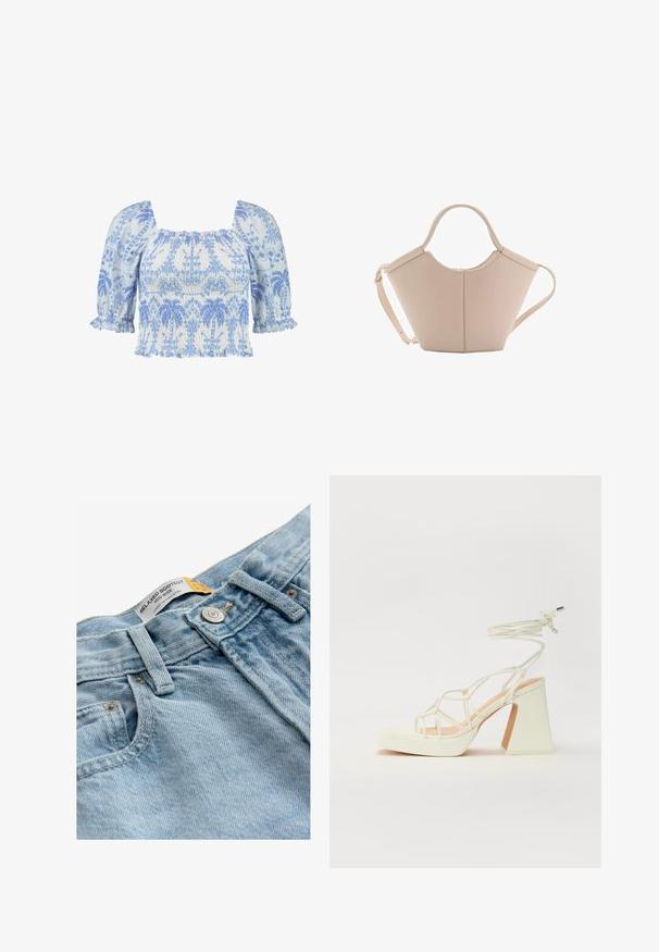 Helles blaues und weiß gesticktes Oberteil mit einem quadratischen Ausschnitt, kurzen Puffärmeln und geraffter Textur, die durchgehende Blumenmuster aufweist.; Hellblaue Jeans im entspannten Bootcut-Design, mittelhoher Bund, Metallknopfverschluss und ein Etikett mit der Aufschrift "ENTSPANNTER BOOTCUT."; Weiße High-Heel-Sandale mit einem klobigen Absatz, die über ein Riemchendesign und ein Knöchelband verfügt. Glatte Textur mit einer Plattform vorne für zusätzliche Höhe.; Beige Lederhandtasche mit einer einzigartigen Form, die zwei kurze Henkel und einen langen verstellbaren Riemen aufweist. Glatte Textur mit minimalen Hardware-Elementen.