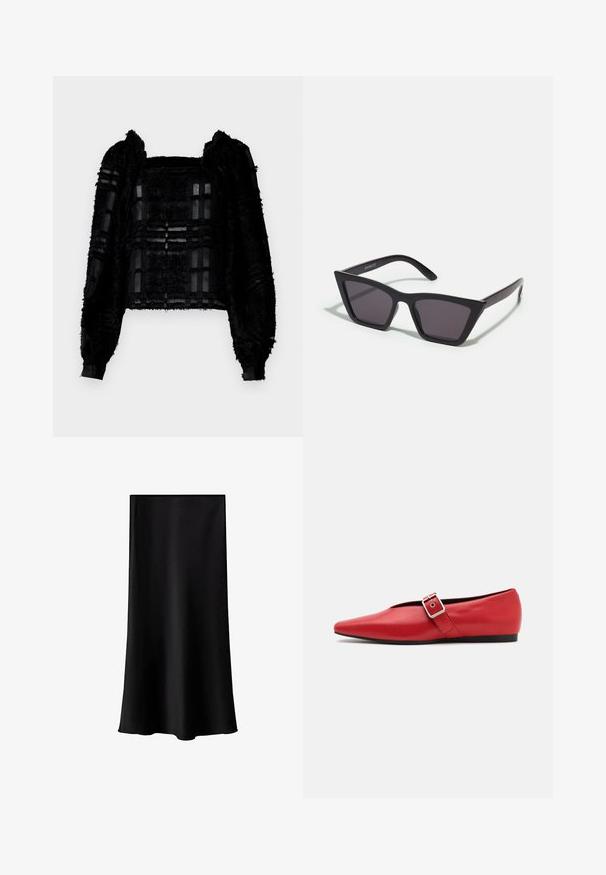 Top nero texturizzato a maniche lunghe con pannelli trasparenti e scollatura quadrata. Il tessuto combina elementi pelosi e lisci, creando un contrasto visivo.; Gonna midi nera realizzata in tessuto liscio e leggero. Presenta una linea dritta, senza componenti visibili e un design semplice senza fantasie.; Scarpa piatta in pelle rossa con punta affusolata, dotata di un cinturino laterale con fibbia in metallo e un tacco basso nero. Texture liscia su tutta la superficie.; Occhiali da sole neri e angolari con lenti grigie; realizzati in plastica, con aste spesse dalla superficie liscia e senza hardware visibile.; Borsa di tessuto nera con un'unica tracolla larga. Forma morbida e semi-strutturata, con una texture liscia; design minimale, senza hardware visibile.; Orecchini a cerchio dorati, quattro pezzi, finitura liscia, design arrotondato, di diverse dimensioni, con chiusura a cerniera per un facile utilizzo.