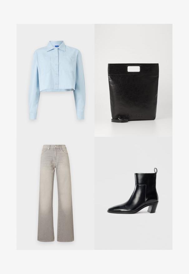 Šviesiai mėlyna trumpa šinė palaidinė, pagaminta iš minkštos medvilnės. Turi smailų apykaklę, priekyje užsegimą su mygtukais, dvi krūtinės kišenes ir širdelės siuvinėjimą vienoje kišenėje.; Pilki plačių kojų džinsai su išblukusiu apdailos efektu, mygtukų uždarymu, penkių kišenių dizainu ir siuvinėjimu palei siūles.; Juodas odinis kulkšninis botas su smailiu pirštu, geometriniu krūviniu kulnu ir traukimo juostele gale. Lygi tekstūra ir elegantiškas dizainas.; Juoda odinė rankinė su kvadratiniu rankenu, su tekstūruotu paviršiumi ir įspaustu logotipu. Įeina nusiimama diržas.