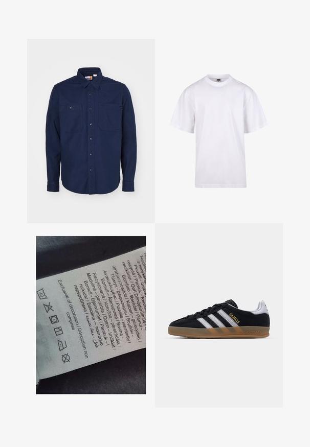 Marineblauwe button-up shirt van katoen, met een puntige kraag, lange mouwen, twee borstzakken en een rechte onderkant.; Witte katoenen t-shirt met een ronde hals, korte mouwen en een relaxte pasvorm. Heeft een eenvoudig ontwerp zonder patronen of accenten.; Label tag met meertalige tekst, zorgsymbolen en recyclingiconen, gedrukt op een zacht textielachtig materiaal in een lichte kleur.; Zwarte suède sneaker met witte strepen, beige rubberen zool en gouden "Gazelle" logo. Klassiek low-top ontwerp, met een textuur bovenlaag.