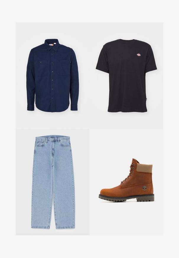 Camisa azul-marinho de botão, feita de algodão, com gola pontuada, mangas longas, dois bolsos no peito e uma bainha reta.; T-shirt de algodão preto com mangas curtas, decote redondo e um pequeno logotipo colorido no lado esquerdo do peito. Apresenta uma bainha reta.; Jeans de denim azul claro com design de perna reta, apresentando uma cintura de altura média, cinco bolsos e um fecho de botão e zíper.; Timberland Botins de atacadores - medium orange