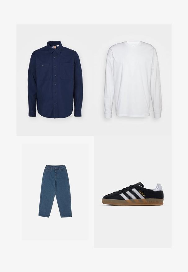 Tamsiai mėlynas medvilninis marškiniai su mygtukais, turintis smailų apykaklę, ilgomis rankovėmis, dviem krūtinės kišenėmis ir tiesiu sijonu.; Balta, ilga rankovė T-maiša, pagaminta iš medvilnės. Apvalios iškirptės dizainas su raukiniais ant rankovių ir nedidelis logotipas ant kairės rankovės. Glotni tekstūra.; Mėlyni džinsai su laisvu siluetu, aukštu juosmeniu, penkių kišenių dizainu ir siuvinio akcentais. Su mygtuku ir užtrauktuku.; Juodų suede sportbačių dizainas su baltais dryžiais, smėlio spalvos guminiu padu ir auksiniu "Gazelle" logotipu. Klasikinis žemas modelis su tekstūruotu viršumi.