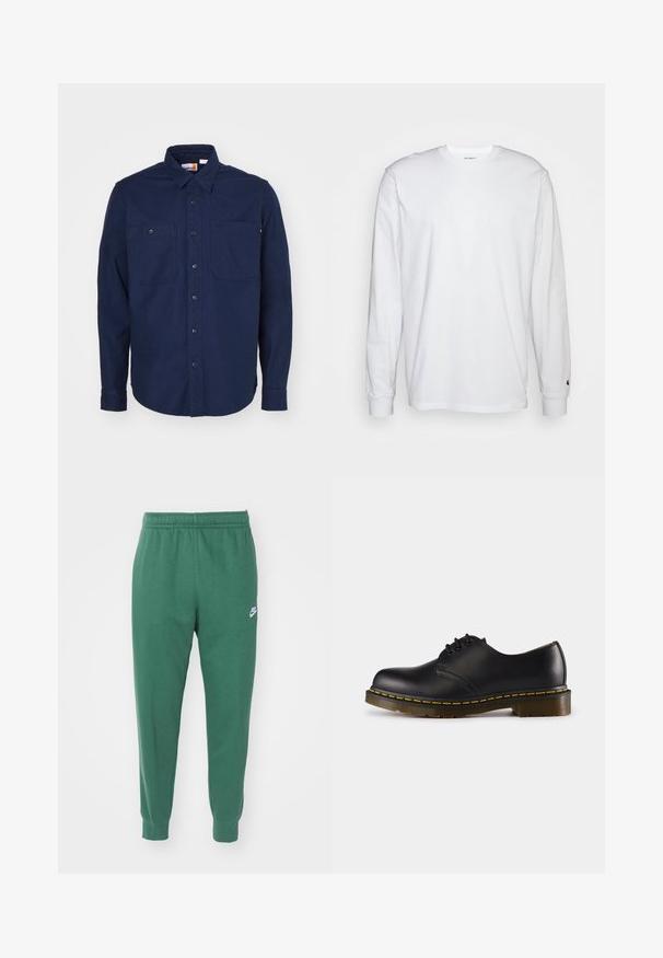 Camicia button-up blu navy in cotone, con colletto a punta, maniche lunghe, due tasche sul petto e orlo dritto.; T-shirt bianca a maniche lunghe realizzata in cotone. Design con collo rotondo, polsini a costine e un piccolo logo sulla manica sinistra. Texture liscia.; Nike Sportswear CLUB JGGR - Pantaloni sportivi - fir/white; Scarpa in pelle nera con punta arrotondata, design con lacci, cuciture gialle lungo la suola e suola in gomma spessa e testurizzata.
