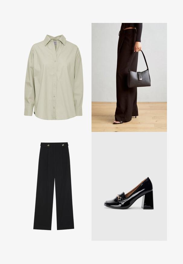 Ljusgrön skjorta med knappar gjord av mjukt, slätt material. Har en klassisk krage, lång ärm och en något rundad nederkant.; Svarta vida byxor med hög midja, knäppdetaljer i midjan och framfickor.; Svart lackläder högklackad sko med spetsig tå och blockklack. Har en dekorativ rem och spänne detaj på ovansidan.; Svart handväska med strukturerad form, slät yta och metallspänne. Matchad med vida svarta byxor och sandaler med öppen tå på trägolv.