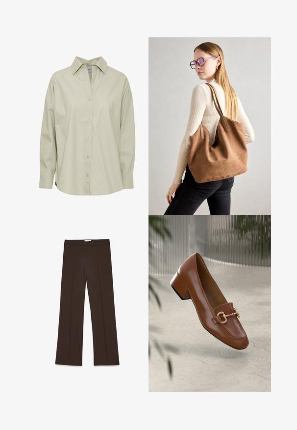 Gaiši zaļš pogājams krekls, kas izgatavots no mīksta, gluda auduma. Tam ir klasiskā apkakle, garas piedurknes un nedaudz izliekta apakšmala.; Brūni, platai kājas bikses, izgatavotas no gludas auduma; ar priekšām krokām un standarta jostu. Minimalistisks dizains bez redzamām aizdarinājumiem.; Brūni lakoti ādas loaferi ar kvadrātu purngalu, metālisku ķēdes akcentu un zemu blokveida papēdi; gluda tekstūra, minimālisma dizains.; Burgundijas zamšs tote soma ar mīkstu tekstūru, plašu atveri un garām siksnām. Iezīmē vienkāršu dizainu ar redzamām šuvēm un bez aparatūras.