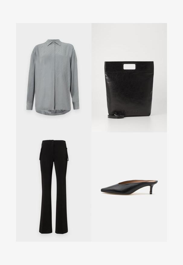 Light gray, long-sleeve shirt in smooth fabric with a button-up front and subtle diagonal patterns. Classic collar and rounded hemline.; Black flared pants made of a smooth, stretchy material. Features a front button closure and side zip pockets for added utility.; Black leather mules with a pointed toe and low, block heel. Smooth texture with a sleek design. Open back with minimal detailing.; Black leather tote bag with a square handle, featuring a textured finish and embossed logo. Includes a detachable strap.
