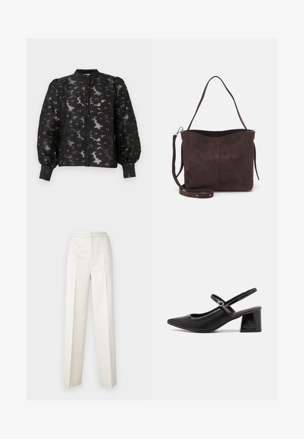 Black sheer blouse with floral lace pattern, gold accents, long puffed sleeves, button-up front, and high collar with decorative trim.; Cream-colored trousers with a tailored fit, featuring a straight leg, smooth fabric, front pleats, and clean hem. Minimalist design.; Black patent leather slingback heels with a pointed toe, a rounded cutout design, and a block heel. Features a gold-tone buckle accent.; Brown suede tote bag with a soft texture, featuring a single shoulder strap and a subtle curved top opening. No visible hardware details.