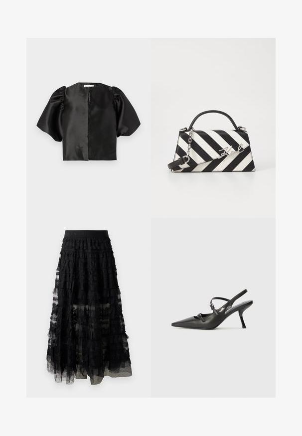 Schwarzes Satin-Crop-Top mit puffierten kurzen Ärmeln und einer Frontöffnung. Glatte Textur mit glänzendem Finish, minimalistisches Design.; Schwarzer, gestufter Spitzenrock mit einem Rüschendesign, breitem Bund und durchsichtigen Lagen. Präsentation mit strukturierter Spitze und gepunktetem Überzug.; Schwarzlederne Slingback-Absätze mit spitzer Zehenform, schlankem Absatz und dekorativem Schnallendetail auf dem Blatt. Glatte Textur und elegantes Design.; Schwarz-weiße gestreifte Handtasche mit strukturierter Form, ausgestattet mit einem oberen Griff, einem abnehmbaren Kettenriemen und einem metallischen Logo-Detail.
