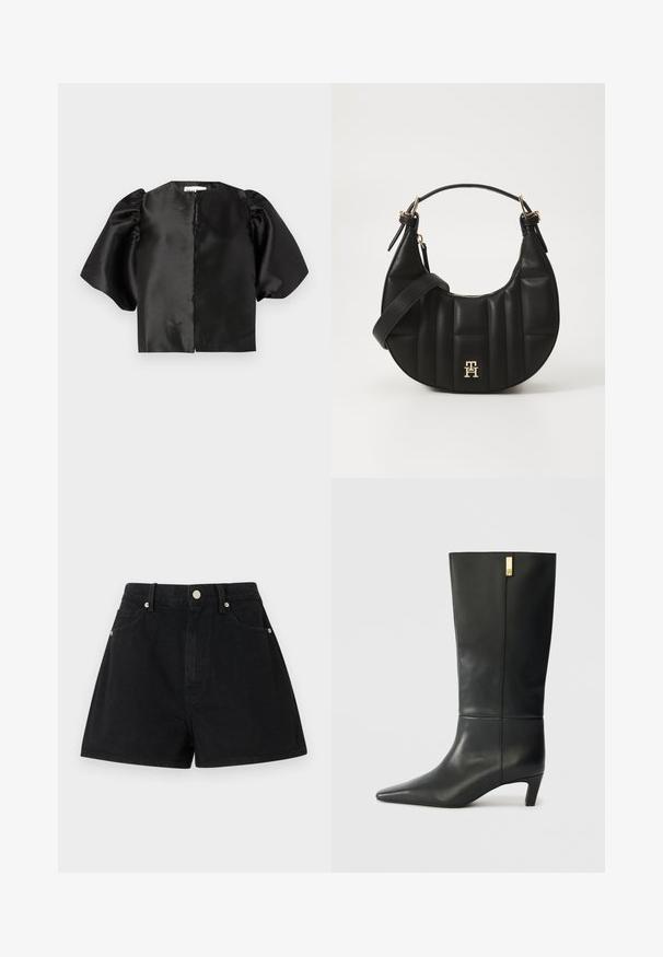 Sort satin cropped top med puffede korte ærmer og åbning foran. Glat tekstur med en blank finish, minimalistisk design.; Sorte denimshorts med høj talje, fem lommer, sølvhardware og standardpasform, der har en glat tekstur og en pæn finish.; Sorte læder knæhøje støvler med spids tå og en lille hæl. Har et slankt design med en gylden accentdetalje. Glat tekstur.; Sort læderhandtaske med en bøjelig form, kviltet tekstur og guld hardware. Har en aftagelig skulderrem og logo-detalje.