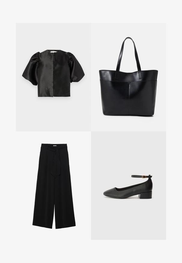 Top scurt din satin negru, cu mâneci scurte puffate și deschidere frontală. Textură netedă cu un finisaj lucios, design minimalistic.; Pantaloni largi negri dintr-un material texturat, cu un tiv elastic și o panglică detașabilă la talie pentru un fit ajustabil.; Pantof cu toc negru din piele, cu vârf ascuțit și toc mic pătrat. Dispune de o curea la gleznă cu o cataramă în tonuri de aur. Textură netedă.; Geantă oversized din piele neagră, cu două mânere lungi, de textură netedă și formă structurată. Are un buzunar frontal pentru stocare suplimentară.