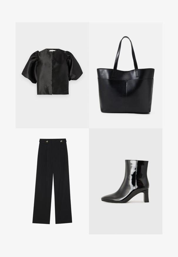 Black satin cropped top with puffed short sleeves and a front opening. Smooth texture with a glossy finish, minimalistic design.; Black wide-leg trousers with high waist, button details on waistband, and front pleats.; Black patent leather ankle boot with a pointed toe and a mid-height block heel. Smooth texture and minimalist design.; Black leather tote bag with two long handles, a smooth texture, and a structured shape. Features a front pocket for additional storage.