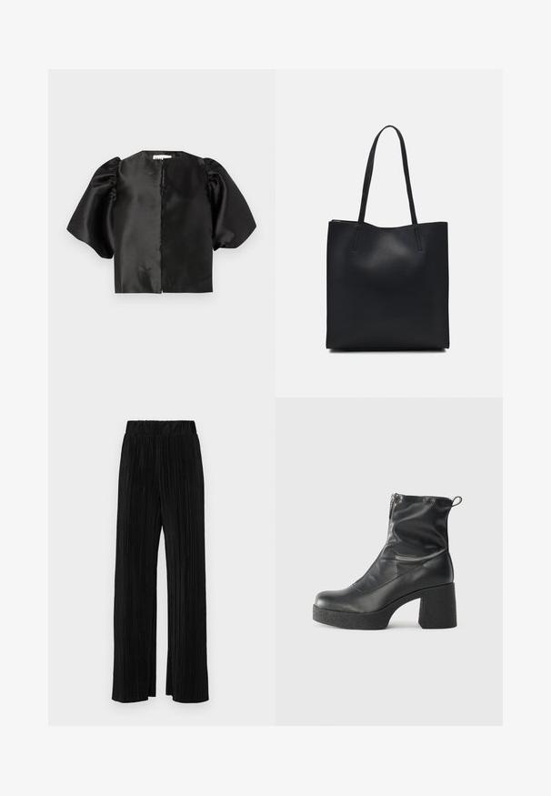Sort satin cropped top med puffede korte ærmer og åbning foran. Glat tekstur med en blank finish, minimalistisk design.; Sorte plisserede bukser med elastisk talje. Har brede ben og et glat, tekstureret stof med lodrette striber.; Sorte ankelstøvler lavet af glat læder, med en sidelukning, kraftig struktureret hæl og rundt tådesign.; Sort læder tote taske med glat tekstur, rektangulær form og to lange hanke. Ingen synlig hardware eller udsmykninger.