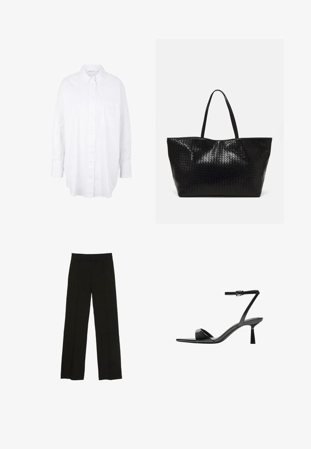 Witte overhemden van katoen met een klassieke kraag, lange mouwen, een borstzak en een afgeronde zoom voor een relaxte pasvorm.; Zwarte wijde pantalon gemaakt van een soepele stof, met een aansluitende tailleband en subtiele plooien aan de voorkant voor extra textuur.; Bershka Sandalen met hoge hak - black; Zwarte geweven schoudertas met twee stevige handvatten, met een glanzende textuur en een ruime open bovenkant.