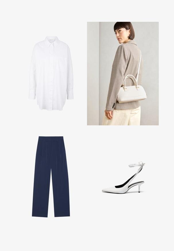 Bijela košulja na dugih rukava od pamuka, s klasičnom kragnom, džepom na prsima i zaobljenim donjim rubom za opušteni kroj.; Tamno plave hlače širokih nogavica, izrađene od mekog materijala, s prednjim nabora, glatke teksture i ravnog kroja bez vidljivih džepova.; Bijele cipele s otvorenim petama s oštrim vrhom i tankim remenom oko gležnja. Glatki kožni materijal, tanki stileto potplat i crna unutarnja obloga.; Bijela strukturna torba s kratkim ručkama i remenom za rame, s zlatnim metalnim detaljima i teksturiranim materijalom, prikazana na sivoj pozadini.