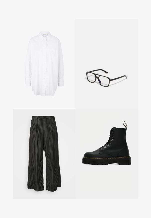 Weißes Hemd aus Baumwolle mit klassischem Kragen, langen Ärmeln, Brusttasche und abgerundetem Saum für eine lässige Passform.; Schwarz gestreifte weite Hose mit Falten, im taillierten Design und mit weichem Material. Keine sichtbaren Beschläge oder Akzente.; Schwarze Leder-Schnürstiefeletten mit einer dicken, strukturierten Gummisohle und gelben Steppnähten um die Plattform.; Schwarze rechteckige Brille mit klaren Gläsern und einem dezenten lila Schimmer, ausgestattet mit schlanken Bügeln und einem minimalistischen Design.