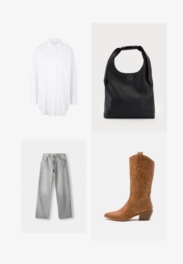 Bijela košulja na dugih rukava od pamuka, s klasičnom kragnom, džepom na prsima i zaobljenim donjim rubom za opušteni kroj.; Svijetlosive traperice s ravnim nogavicama, koje imaju dva prednja džepa, kopčanje na gumb i suptilno izblijedjenje za dodatnu teksturu.; Smeđe kožne kaubojke s oštrim nosom, izvezenim spiralnim uzorcima na gornjem dijelu i blok petom. Imaju potporu za lakše obuvanje.; Crna kožna torba s velikim otvorom na vrhu i jednom naramenicom. Mekani tekstura, minimalistički dizajn, s diskretnim metalnim detaljima.; Srebrna kružna naušnica s poliranim završetkom, koja ima male zlatne detalje i okrugli oblik, nošena na uhu.