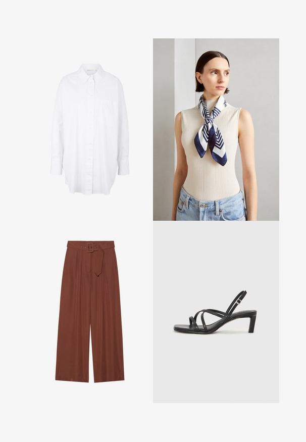 Weißes Hemd aus Baumwolle mit klassischem Kragen, langen Ärmeln, Brusttasche und abgerundetem Saum für eine lässige Passform.; Braune Weitbeinehosen aus Stoff, mit einem Gürtel mit eckiger Schnalle, gefältetem Design und glatter Textur.; Schwarze Sandale mit Riemchen, quadratischer Zehenform und niedrigem Blockabsatz. Verfügt über mehrere dünne Riemen und einen verstellbaren Knöchelriemen. Hergestellt aus glattem Leder.; Seidentuch in Marineblau und Weiß mit einem geometrischen Zickzack-Muster. Glatte Textur, ordentlich um den Hals gebunden, ergänzt ein geripptes Oberteil.