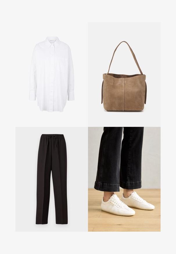 Witte overhemden van katoen met een klassieke kraag, lange mouwen, een borstzak en een afgeronde zoom voor een relaxte pasvorm.; Zwarte, wijde broek met een elastische tailleband en een verstelbaar trekkoord. Gemaakt van een gladde, lichte stof zonder zichtbare patronen.; Witte leren sneakers met een gestructureerd oppervlak, vetersluiting, ronde neuzen en subtiele zijstrepen, gedragen met zwarte wijde jeans.; Bruine suède schoudertas met een zachte textuur, open top en een enkele schouderband. Heeft een gladde afwerking en minimale detaillering.
