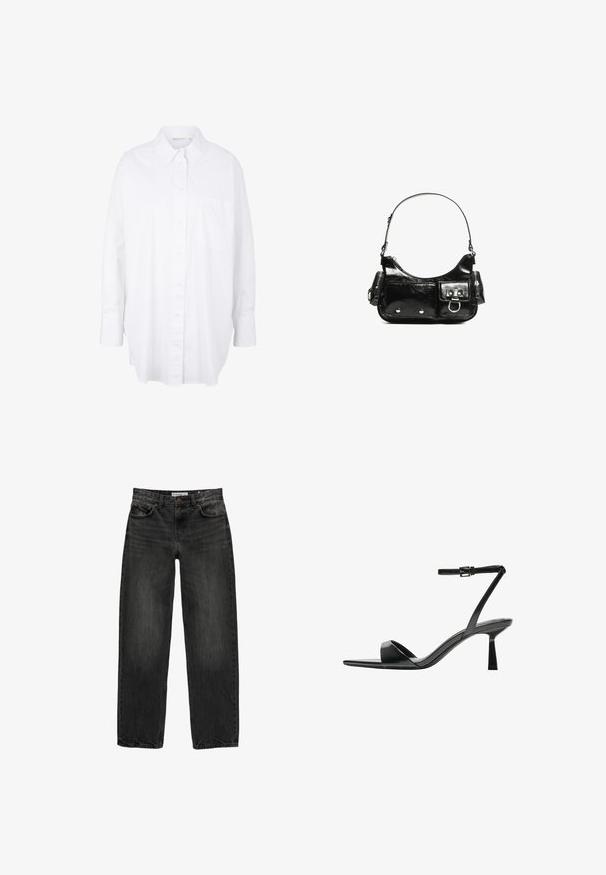Bela srajca s gumbi, narejena iz bombaža, s klasičnim ovratnikom, dolgimi rokavi, žepom na prsih in rahlo ukrivljenim robom za sproščen fit.; Črne jeans hlače s sproščenim krojem, ravnimi nogavicami, petimi žepi in rahlo zbledelim videzom. Zapenjanje na gumb in zadrgo spredaj.; Bershka Sandali z visoko peto - black; Črna lakasta usnjena torbica s ukrivljeno obliko, enim ramenskim trakom, sprednjimi žepi in srebrnimi kovinskimi dodatki.