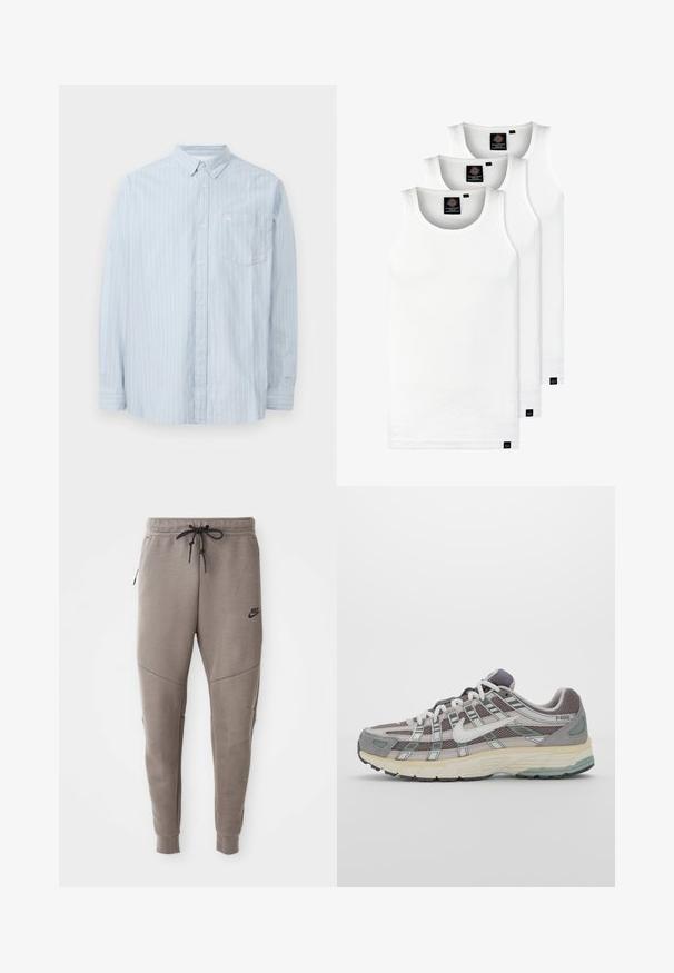 Světle modrá košile na knoflíky s bílými vertikálními pruhy, obsahující límec, dlouhé rukávy a náprsní kapsu. Vyrobena z měkkého materiálu.; Tři bílé žebrované tílka vyrobené z bavlny. Mají kulatý výstřih a malé černé štítky poblíž lemu. Dostupné v několika velikostech.; Šedé Nike tepláky s elastickým pasem na šňůrku, zúženými nohavicemi, bočními kapsami a charakteristickým švem. Měkká, strukturovaná tkanina.; Šedá sportovní obuv s vrchní částí z mikrovlákna a semiše, bílými akcenty, polstrovanou podrážkou a jedinečným designem s reflexními prvky.