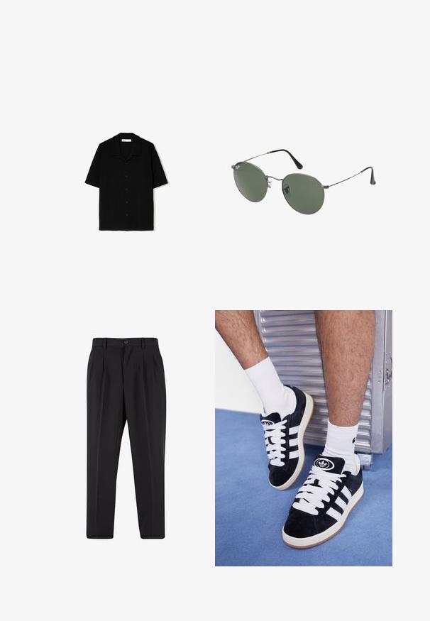 Fekete, rövid ujjú, gombos ing texturált anyagból. Camp gallérral és egyenes szegéllyel rendelkezik, öt elülső gombbal.; Fekete nadrág, pliszézett elejű dizájnnal, sima anyagból készült. Gombos záródás és övhurkok jellemzik; egyenes szabású.; Fekete velúr sportcipők fehér fűzőkkel és három fehér csíkkal. A nyelvén egy kör alakú fekete logó található, valamint egy gumis talp.; Fémkeretes napszemüveg ovális zöld lencsékkel. Vékony ezüst színű fémkeret és fekete fülrész. Minimalista dizájn, látható logók nélkül.