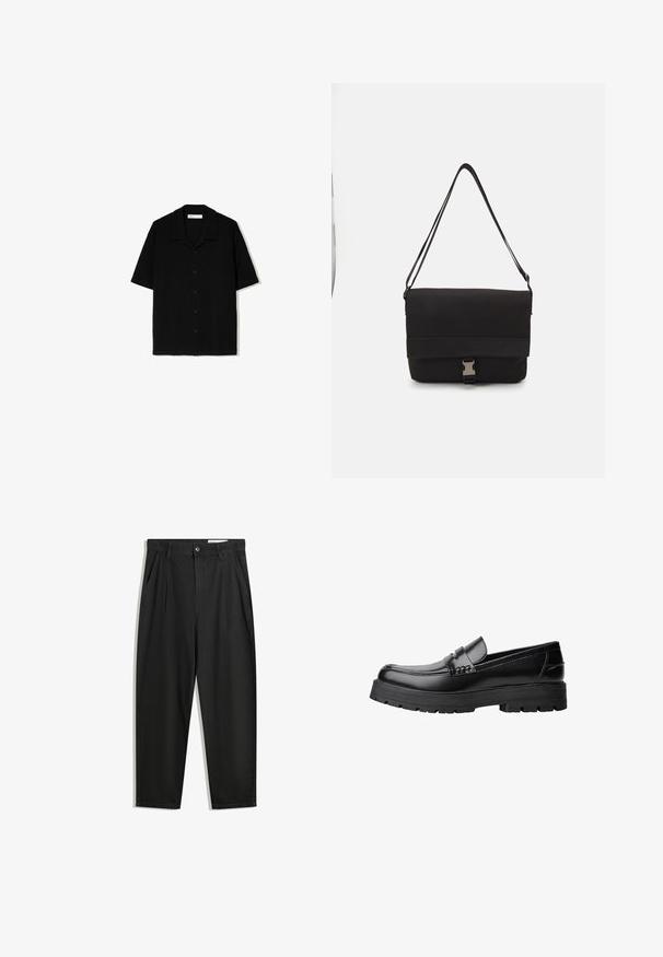 Cămașă neagră cu mânecă scurtă și nasturi, realizată dintr-un material texturat. Prezintă un guler de tip camp și o tivire dreaptă, având cinci nasturi în față.; Pantaloni negri din bumbac cu croială lejeră, având un brâu clasic, plii frontale și buzunare laterale. Textură netedă fără modele.; Mocasini din piele neagră, cu talpă groasă și profilată și bandă decorativă pe partea superioară, prezentati din profil stâng pe fundal alb.; Geantă de messenger neagră, realizată din material neted, cu un capac pliat, hardware din metal argintiu și o curea pentru umăr ajustabilă.