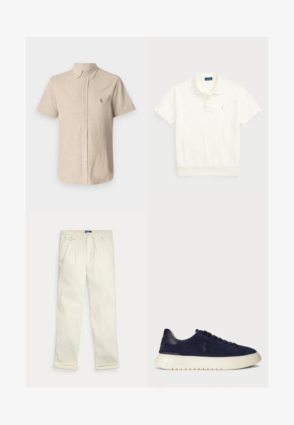 Beige kortermet skjorte med knapper, med klassisk krage og en liten brodert logo på venstre bryst. Laget av teksturert bomullsstoff.; Polo Ralph Lauren LOOPBACK FLEECE POLO-COLLAR SWEATSHIRT - Poloskjorter - clubhouse cream; Kremfargede kordfløyelsbukser med folder, sidelommer, knapplomme med klaff og brettede mansjetter, lagt flatt på hvit bakgrunn.; Marineblå semsket lavsko med en teksturert overflate, gummisåle og tonede snører, med en liten logo på siden og hælen.