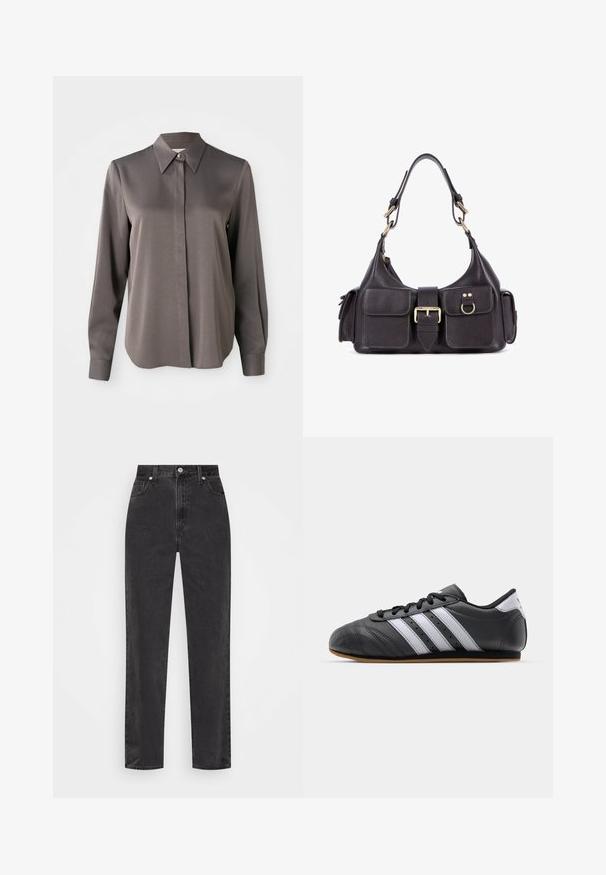 Blusa grigia a maniche lunghe con una texture liscia e satinata, colletto a punta e chiusura con bottoni frontale.; T-shirt in cotone nero con colletto rotondo, caratterizzata da una grafica di un tramonto giallo e da testo bianco che recita "CARNE HOTEL" sul davanti.; Jeans in denim nero a gamba dritta con vita alta, bottone e cerniera frontali, e cinque tasche su uno sfondo bianco.; Scarpa sportiva in pelle nera con strisce bianche, punta rotonda, suola piatta e chiusura con lacci. Presenta perforazioni per la traspirabilità.; Borsa a mano in pelle scura con due tasche frontali, una fibbia centrale e hardware in tono oro. Texture liscia con una silhouette curva.