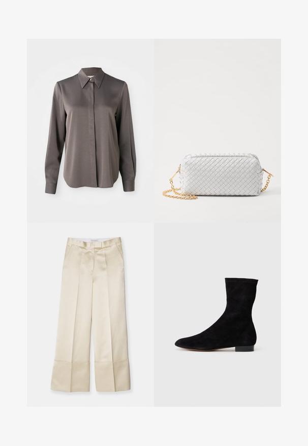 Pikend varrukatega hall pluus, millel on sile, satiinilaadne tekstuur, terav krae ja esipaneeli nupudega sulgemine.; Beežid laiad püksid sujuvast kangast, millel on kõrge vöökoht, volditud eesmine osa ja volditud hem, küljetaskud ja puhas viimistlus.; Musthave mustan nahast pahkluu saabas, millel on kitsas vars, terav nina ja madal plokk-konts. Pehme tekstuur ja minimalistlik disain, sobib mitmekesiseks stiliseerimiseks.; Elleme TROUSSE CHAIN - Ülerinna-kott - white