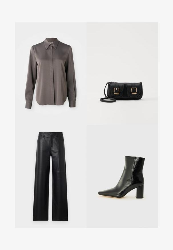 Hosszú ujjú, szürke blúz, sima, selyemhez hasonló textúrával, hegyes gallérral és elöl gombos záródással.; Széles szárú fekete bőrnadrág sima textúrával, elülső zsebekkel, gombos zárással és finom varrással.; Fekete bokacsizma fényes bőrből, hegyes orral és tömör, négyzet alakú sarokkal. Simácska textúrával és minimalista dizájnnal rendelkezik.; Fekete bőr keresztbody táska két elülső zsebbel, arany csattokkal, cipzáras záródással és vékony pánttal. Textúrált felület és kompakt téglalap alak.