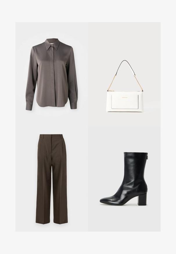 Long-sleeve gray blouse featuring a smooth, satin-like texture, a pointed collar, and a front button closure.; Brown wide-leg trousers with a smooth texture, featuring a high waist, front pleats, and a tailored design. No visible pockets or embellishments.; Black leather ankle boot with a pointed toe and 4 cm block heel. Sleek design features a side zipper for easy wear. Smooth texture.; White leather handbag with a textured finish, featuring a gold chain strap and black accents. Includes a front pocket and zipper closure.