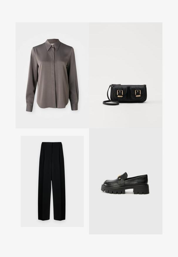 Harmaa pitkähihainen paita, jossa on sileä, satiininomainen pinta, kärjellinen kaulus ja napitus edessä.; Mustat leveät housut korkealla vyötäröllä, joissa on laskokset ja sileä pinta. Kangas näyttää kevyeltä ja laskeutuu kauniisti.; Mustat nahkakengät, joissa on paksu pohja, kultaisella korostuksella edessä ja sileällä pinnalla. Paksu kuvio pohjassa.; Musta nahkainen olkalaukku, jossa on kaksi etutaskua, kultaiset soljet, vetoketjukiinnitys ja kapea hihna. Teksturoidun pinnan ja kompaktin suorakaiteen muoto.