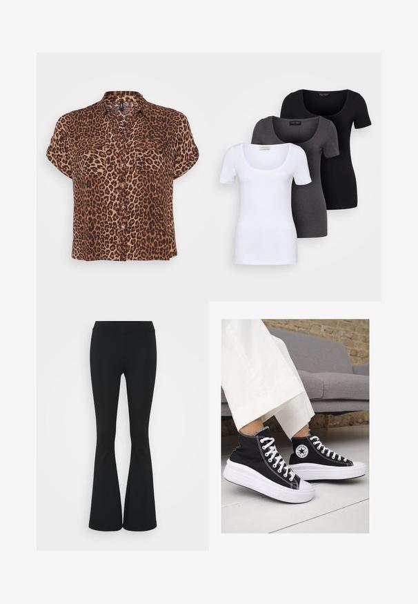 Blusa a maniche corte con stampa leopardata nei toni marrone e beige, dotata di due tasche sul petto, chiusura con bottoni e vestibilità comoda.; Tre T-shirt aderenti in bianco, grigio e nero. Ognuna presenta un ampio scollo a barca e maniche corte. Realizzate in un tessuto morbido e elastico.; Pantaloni neri a zampa d'elefante realizzati in tessuto elasticizzato, con una vita alta e una superficie liscia. I pantaloni si allargano a partire dal ginocchio.; Sneaker alte nere in tela con suole e lacci bianchi. Presentano un logo circolare sul lato e cuciture bianche a contrasto.