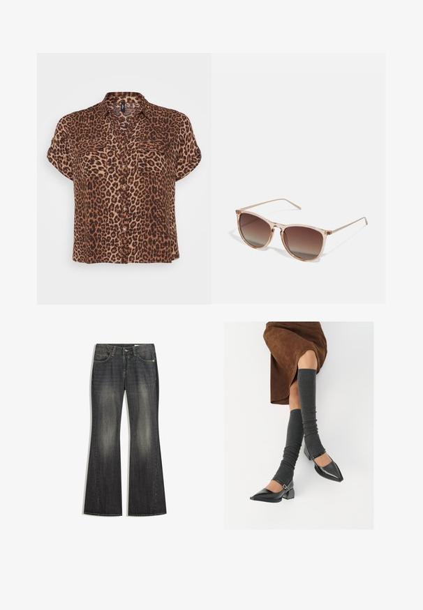 Blus med kort ärm i leopardmönster i brunt och beige, med två bröstfickor, knäppning fram och en avslappnad passform.; Uppvikta mörk tvättade denimjeans med en lätt blekning, fem fickor och kontrasterande stygn, med standard knapp- och dragkedjestängning.; Svarta lackläderskor med spetsig tå, blockklack och ankelrem, i kombination med grå ribbade benvärmare och en brun mockakjol.; Bruna gradient solglasögon med en genomskinlig rosa ram, fyrkantig form och tunna metalldelar. Har rundade kanter och minimal detaljering.