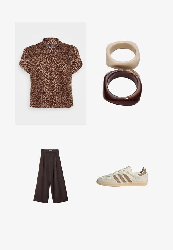 Blusa a maniche corte con stampa leopardata nei toni marrone e beige, dotata di due tasche sul petto, chiusura con bottoni e vestibilità comoda.; Pantaloni neri a gamba larga con vita alta, caratterizzati da pieghe frontali e chiusura con bottone in vita, realizzati in tessuto liscio.; Sneaker con una toma in rete traspirante di colore crema, dettagli in pelle marrone e tre strisce caratteristiche. Suola in gomma leggera con motivo testurizzato.; Stradivarius SET - Bracciale - dark brown