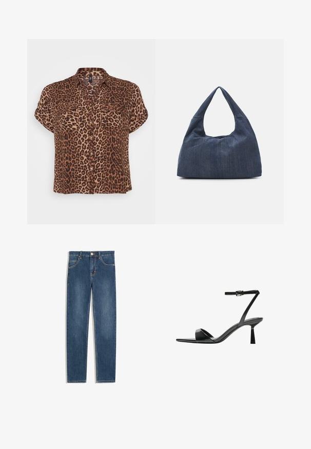 Blusa a maniche corte con stampa leopardata nei toni marrone e beige, dotata di due tasche sul petto, chiusura con bottoni e vestibilità comoda.; Jeans in denim blu scuro con vestibilità dritta, cinque tasche, dettagli di cucitura sottili e un bottone metallico in vita.; Bershka Sandali con tacco - black; Borsa in denim blu scuro con una forma morbida e flessibile, caratterizzata da un manico in stile hobo e una superficie testurizzata. Senza accenti hardware visibili.