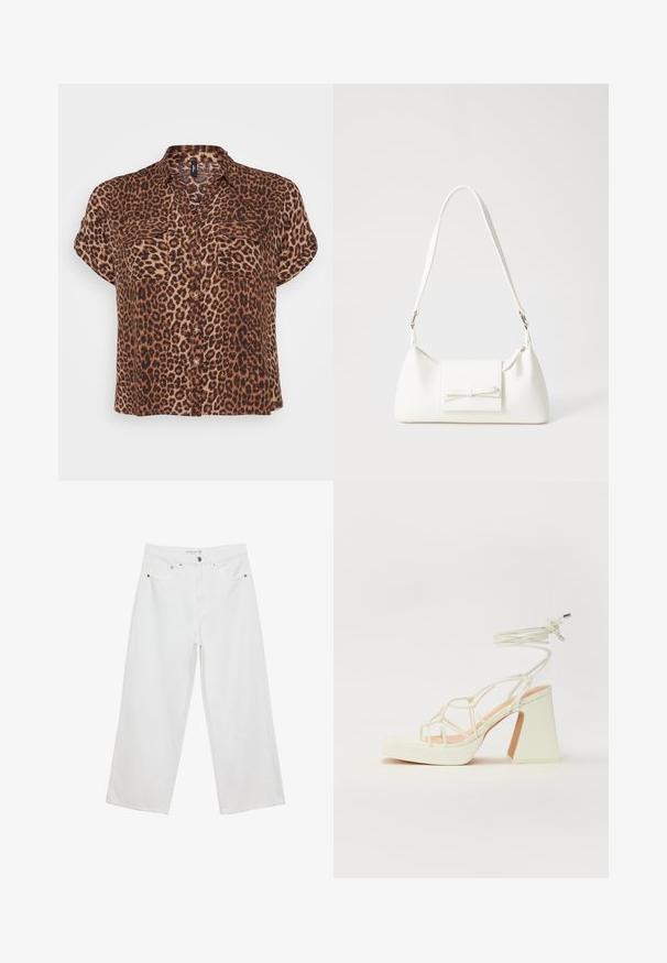 Blusa a maniche corte con stampa leopardata nei toni marrone e beige, dotata di due tasche sul petto, chiusura con bottoni e vestibilità comoda.; Jeans bianchi a gamba larga realizzati in denim con vita alta, dotati di cinque tasche e dettagli in metallo. Texture liscia, senza motivi visibili.; Sandalo bianco con tacco alto, caratterizzato da un design a cinturini e un legaccio alla caviglia. Texture liscia con una piattaforma frontale per un'altezza aggiuntiva.; Borsa sintetica bianca a forma triangolare, con patta anteriore piatta e dettaglio a fiocco, tracolla regolabile, texture liscia e design minimalista.