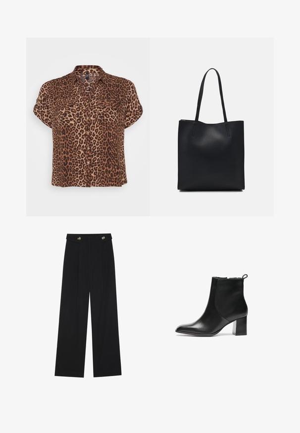 Blouse à manches courtes imprimée léopard en marron et tan, avec deux poches poitrine, un devant à boutons et une coupe décontractée.; Pantalons larges noirs à taille haute, avec des détails de boutons à la taille et des plis sur le devant.; Bottes noires en cuir à hauteur de cheville avec un bout arrondi, un talon bloc de hauteur moyenne et une languette à l'arrière. Texture lisse, design minimal.; Sac fourre-tout en cuir noir avec une texture lisse, de forme rectangulaire et deux longues poignées. Pas de matériel ou d'ornementations visibles.