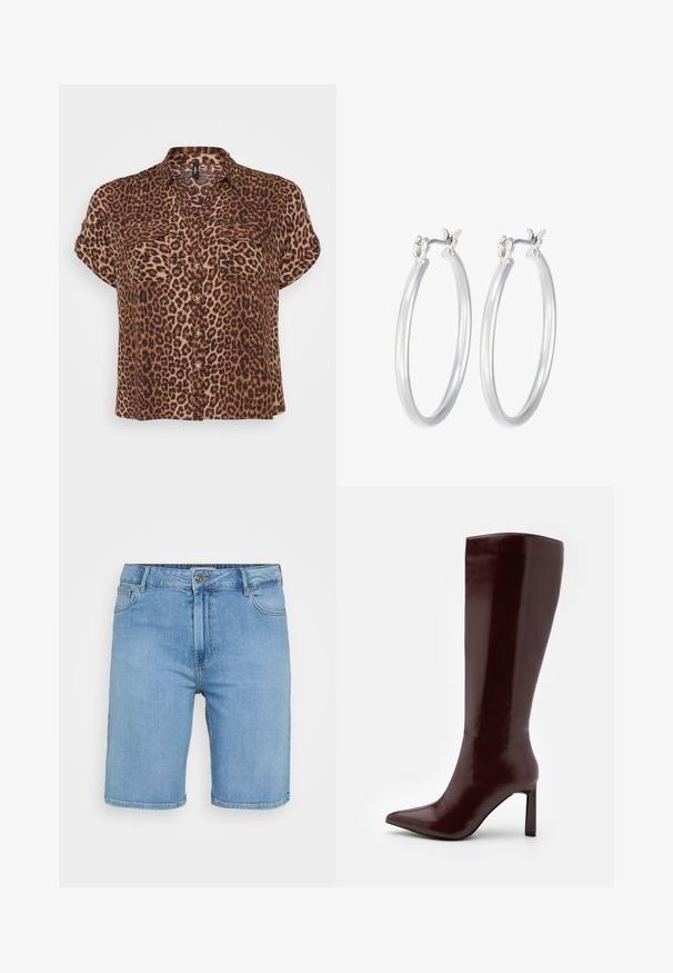 Kleoparda raksta īsām piedurknēm blūze brūnā un bēšā krāsā, ar divām krūšu kabatām, pogu aizdari un brīvu piegriezumu.; Gaiši zili denima šorti ar klasisku griezumu, kas aprīkoti ar priekšējo pogu aizdari, jostu cilpām un divām sānu kabatām. Gluda tekstūra un taisns apakšmala.; Even&Odd Zābaki - dark red; Sudraba riņķveida auss gredzeni ar gludu, pulētu apdari. Apaļa forma un drošs klikšķa augšējais slēgums. Viegls dizains, kas piemērots ikdienas valkāšanai.
