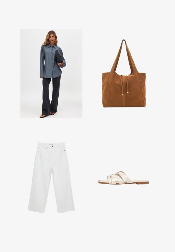 Chemise à rayures bleu, associée à un jean noir évasé et un sac à main noir. Tissu doux et manches larges, coupe décontractée.; Jean large blanc en denim avec taille haute, comportant cinq poches et des accents en métal. Texture lisse, sans motifs visibles.; Sandales plates avec une semelle en caoutchouc beige, conçues avec trois brides en cuir blanc se chevauchant et un petit nœud au centre.; Sac fourre-tout en suede marron avec deux longues poignées, fermeture à cordon, et design minimaliste. Texture lisse et sans accents matériels visibles.