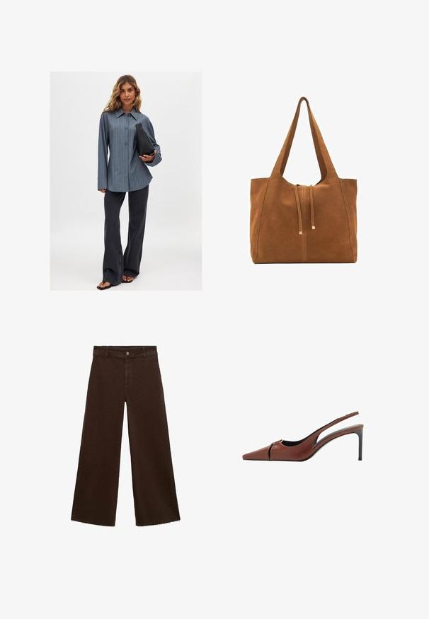 Striped button-up shirt in blue, paired with black flared jeans and a black handbag. Smooth fabric and wide sleeves, casual fit.; Brown wide-leg trousers in cotton blend, featuring a frayed hem, front button closure, and classic five-pocket design. Minimalistic and versatile.; Brown leather slingback heel with a pointed toe, cutout detail at the vamp, and a sleek stiletto heel. Smooth texture.; Brown suede tote bag with two long straps, drawstring closure, and minimalistic design. Smooth texture and no visible hardware accents.