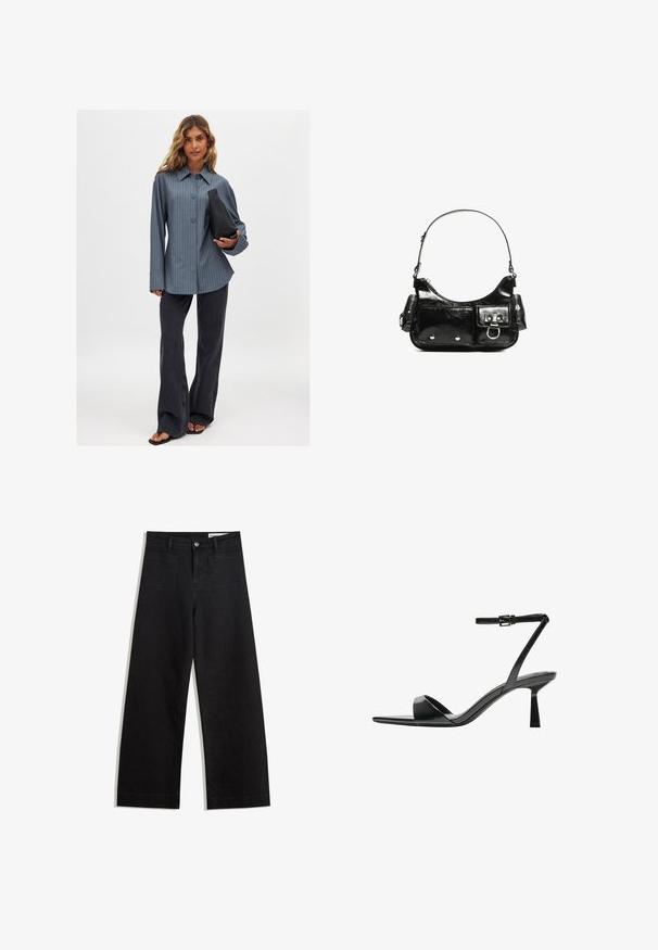 Gestreifte Hemdbluse in Blau, kombiniert mit schwarzen Schlagjeans und einer schwarzen Handtasche. Glatter Stoff und weite Ärmel, lässige Passform.; Schwarze weit geschnittene Jeans mit hoher Taille, ausgestattet mit Vorder- und Hintertaschen, gesteppten Nähten und einem Knopfverschluss. Glatte Textur.; Bershka High Heel Sandalette - black; Schwarze Lackleder-Handtasche mit geschwungenem Design, einem Schulterriemen, Vordertaschen und silberfarbenen Hardware-Akzenten.